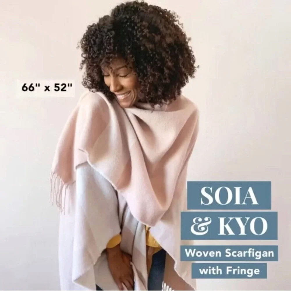 SOIA & KYO • Yadira Woven Scarfigan wrap shawl poncho scarf pink beige fringed